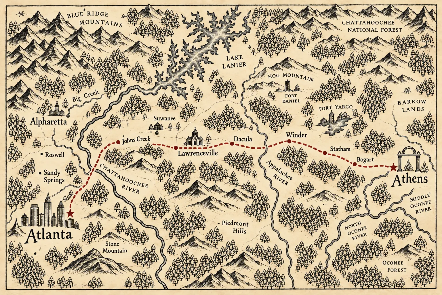 A hand-drawn map tracing the route from Alpharetta through Athens to Atlanta